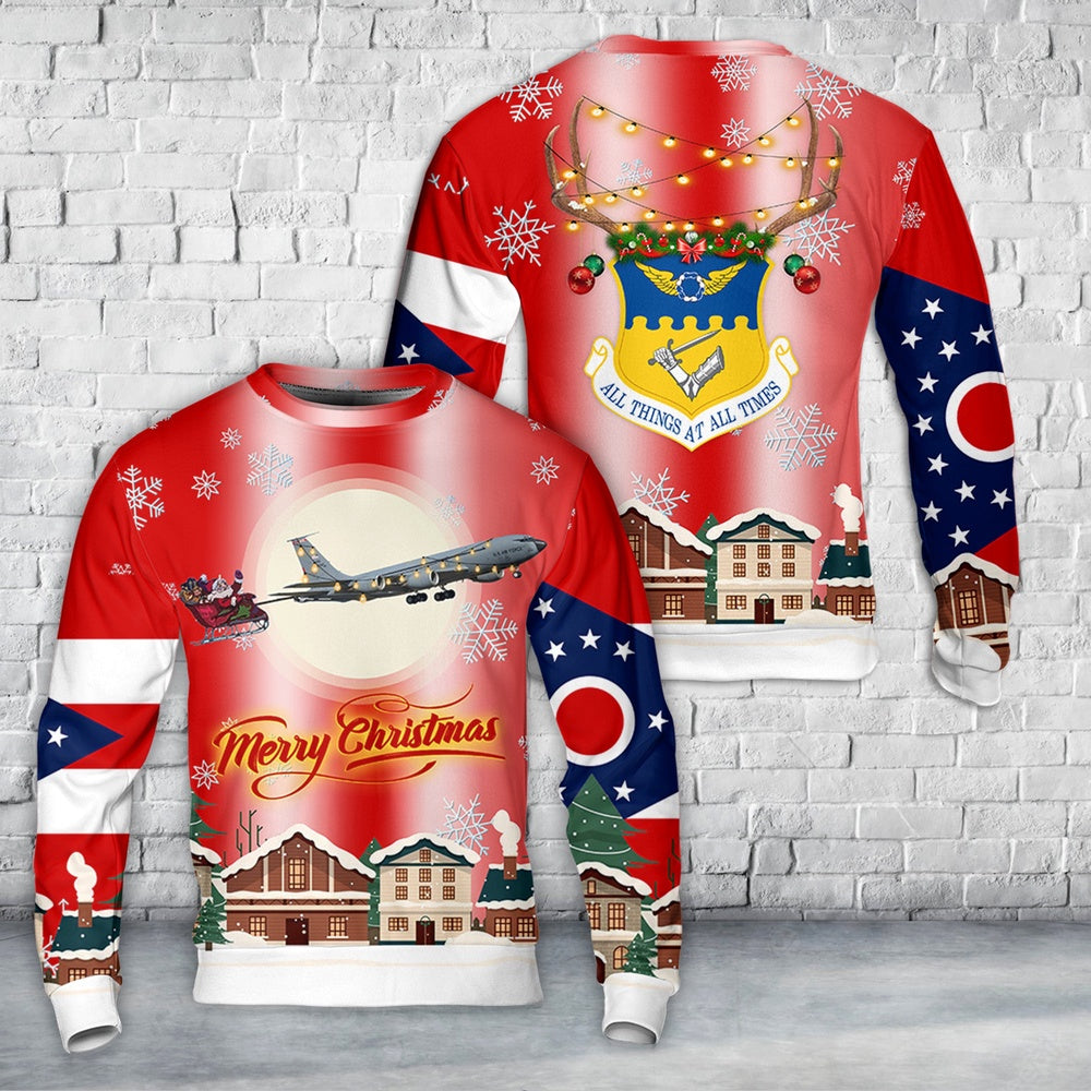 Ohio Air National Guard 121st Air Refueling Wing Boeing KC-135R Stratotanker (717-148) Christmas AOP Knitted Sweater, Christmas Ugly Sweate