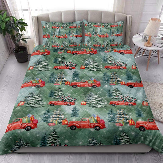 Old Red Truck Carmas Tree Pine Tree Winter Holiday Bedding Set, Christmas Beddings, Xmas Bedding Sets