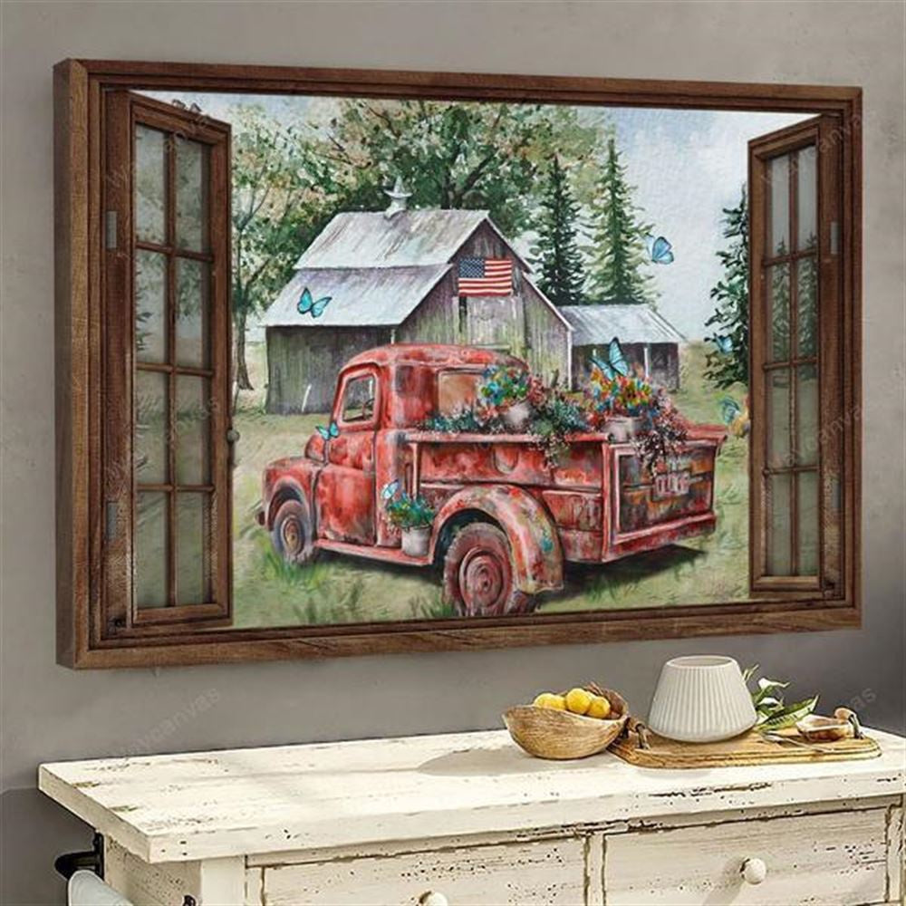Old Red Truck On Peaceful Farm - Farm Landscape Canvas, Farmhouse Canvas, Farm Gift, Farm Home Decor