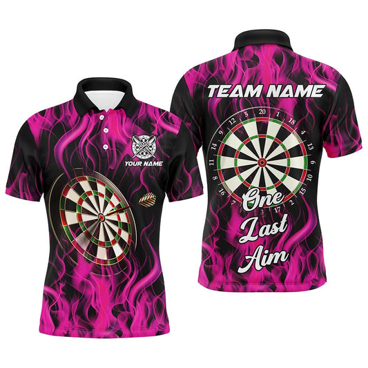 One Last Aim 3D Fire Flame Pink Darts Shirts For Men Custom Darts Saying Shirts, Darts Polo, Darts Team Polo Shirt