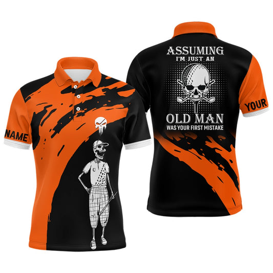 Orange And Black Mens Skull Golf Polo Shirts, Custom Golf Polos, Halloween Golf Gifts, Golf Polo Shirts