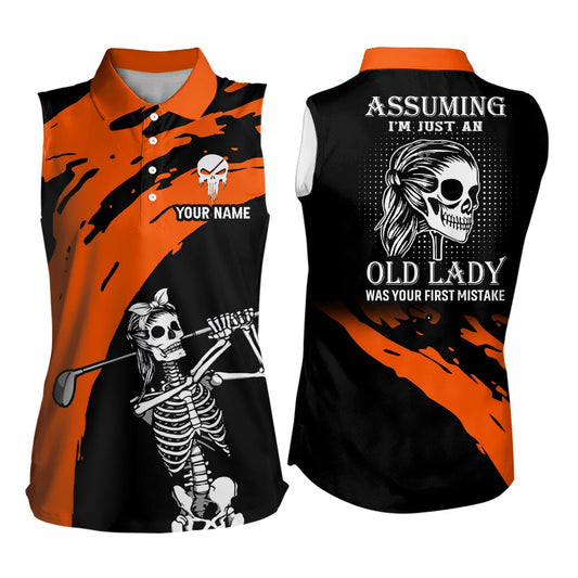 Orange And Black Womens Sleeveless Skull Golf Shirt Custom Golf Polos, Halloween Golf Gifts, Women Golf Shirts