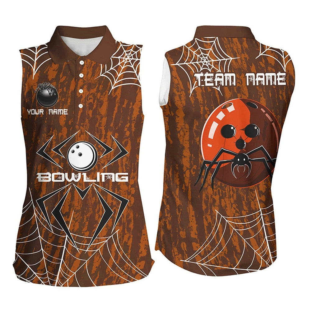Orange Camo Bowling Sleeveless Polo Shirts Custom Spider Web Halloween Men Team Bowling Polo, Women Bowling Shirts
