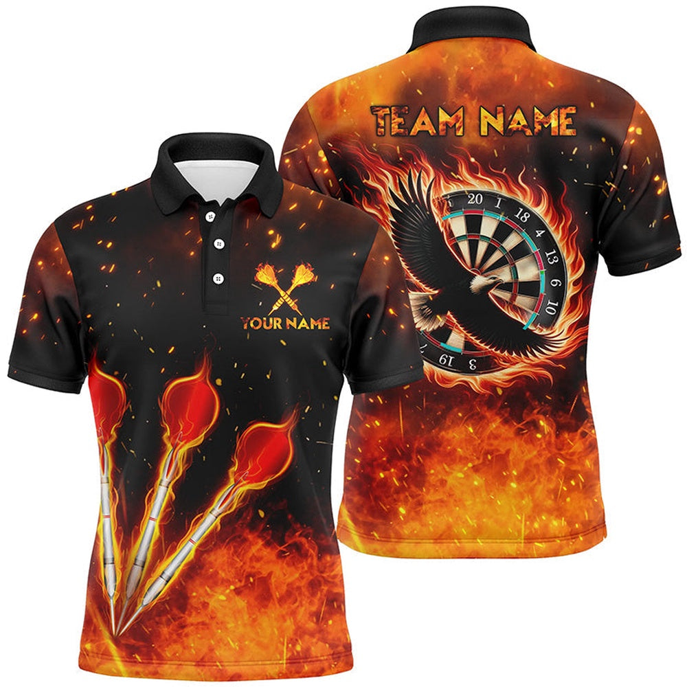 Orange Fire Flame Eagle Mens Darts Polo Shirt Custom Darts Shirt For Men Dart Polo, Darts Team Polo Shirt