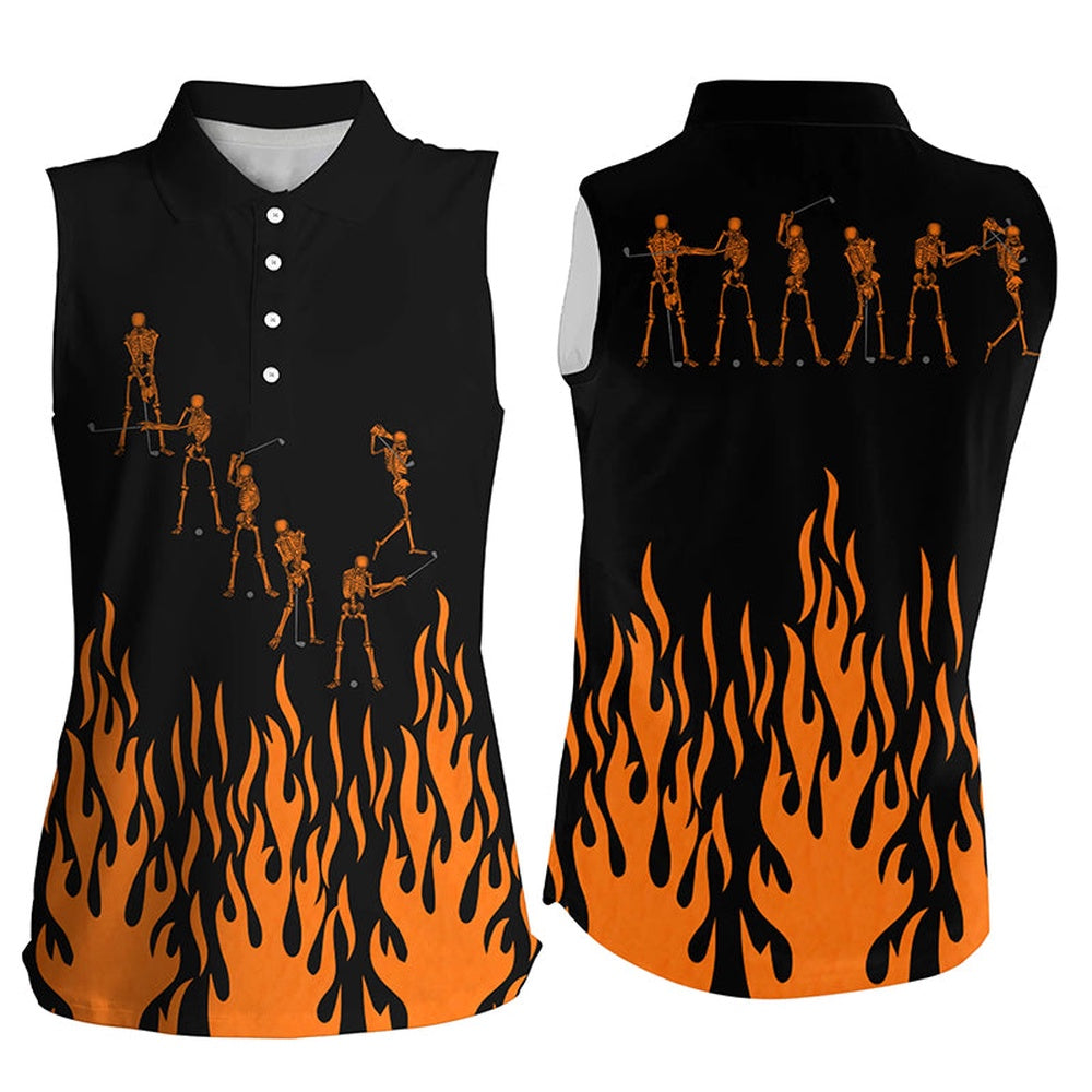 Orange Flame Golf Skeleton Black Women Sleeveless Polo Shirt, Halloween Ladies Golf Sleeveless Tops, Women Golf Shirts