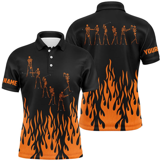 Orange Flame Golf Skeleton Custom Black Mens Golf Polo Shirts, Halloween Black Mens Golf Shirt, Golf Polo Shirts