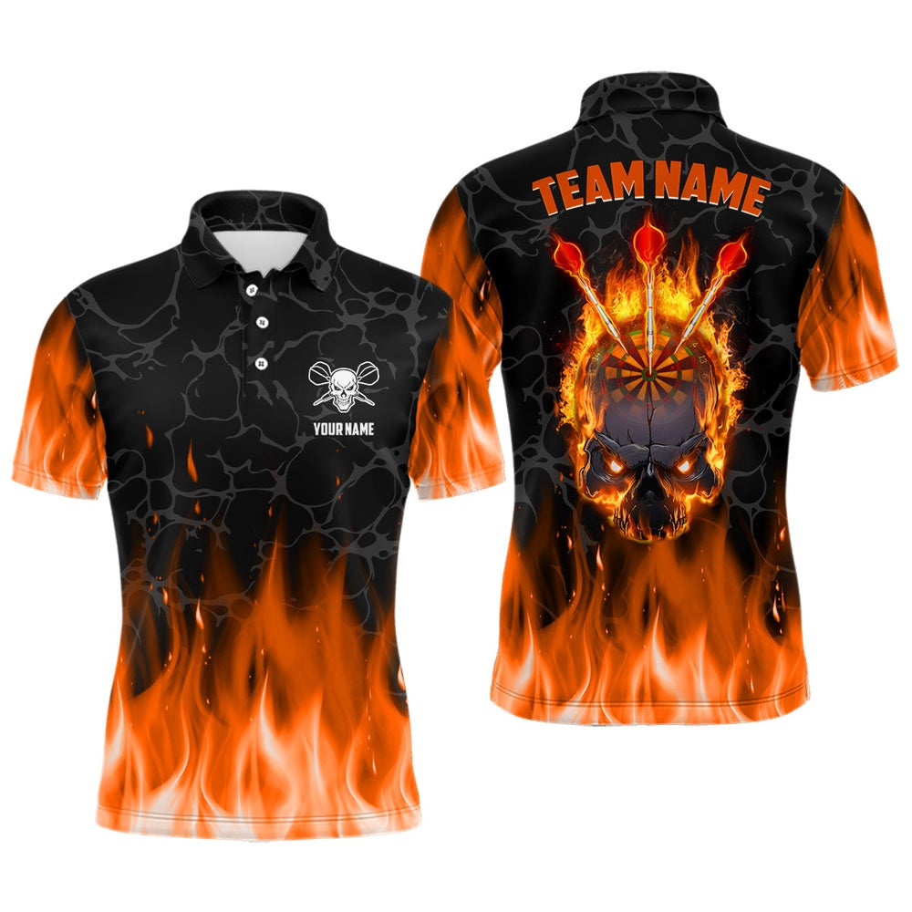 Orange Flame Skull Mens Darts Polo Shirt Custom Scary Darts Shirt For Men Dart Polo, Darts Team Polo Shirt