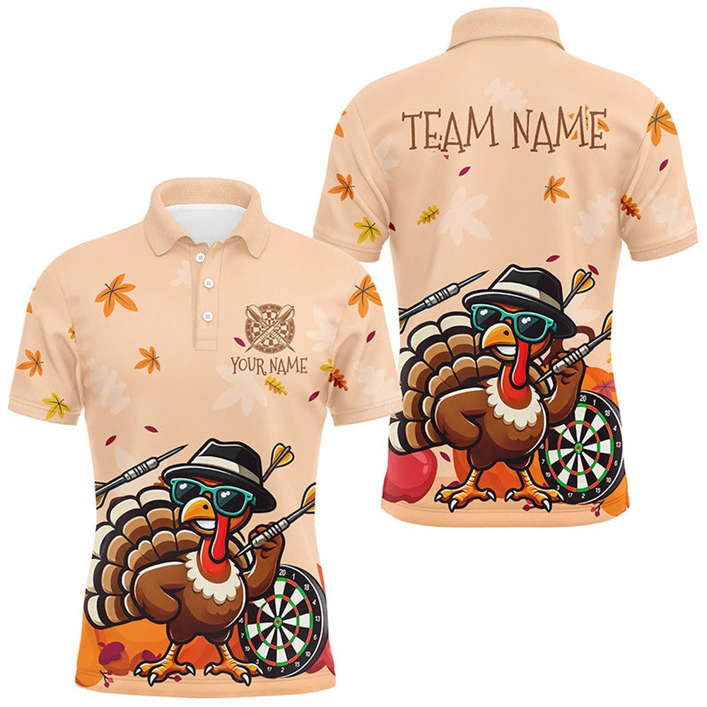 Orange Funny Turkey Autumn Men Darts Shirts Custom Thanksgiving Shirt Gift For Darts Lover, Darts Team Polo Shirt