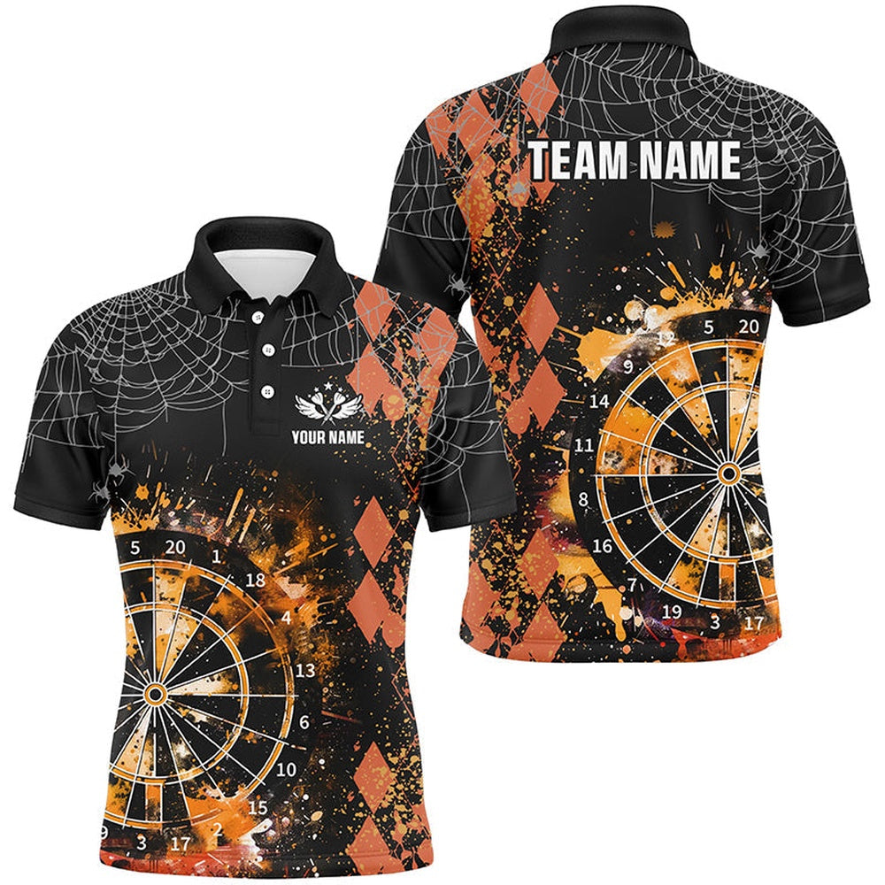 Orange Grunge Darts Board Argyle Pattern Custom Men Darts Shirts, Halloween Darts Team Polo, Darts Team Polo Shirt