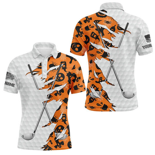 Orange Halloween Golf Pattern White Golf Ball Skin Men Golf Polo Shirts Custom Golf Clubs Outfit Men, Golf Polo Shirts