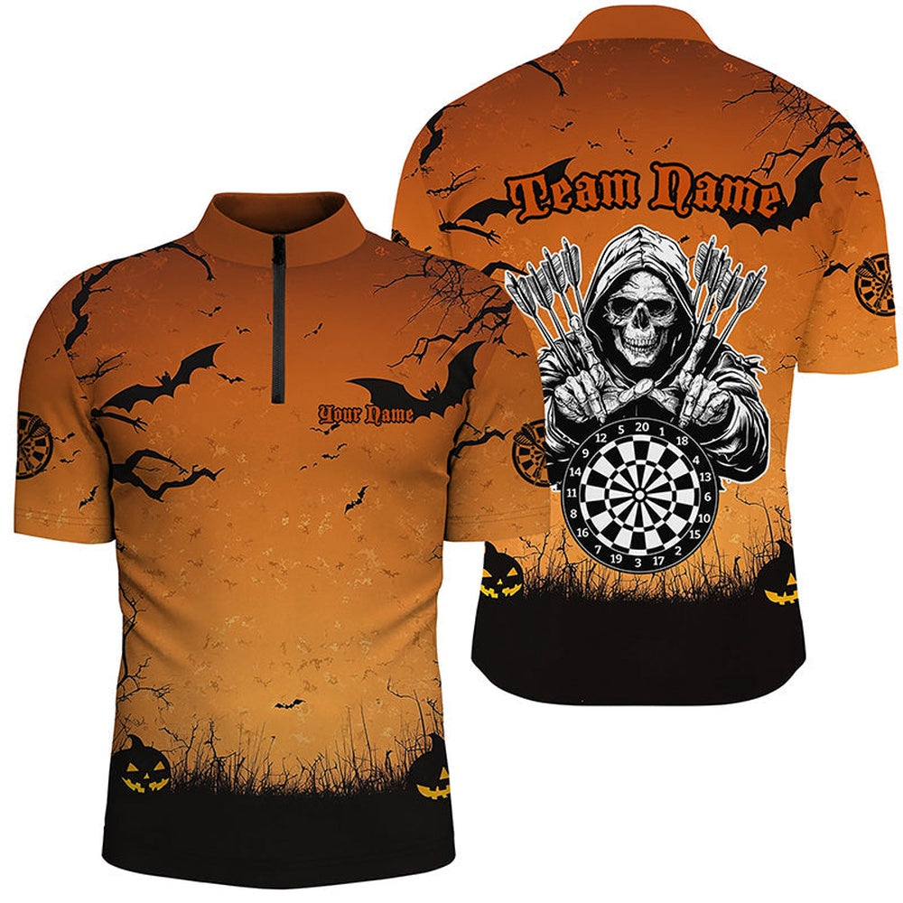 Orange Halloween Spook Night Custom Men Dart Shirts, Scary Death Skeleton Halloween Darts Gif, Darts Team Jersey Shirt