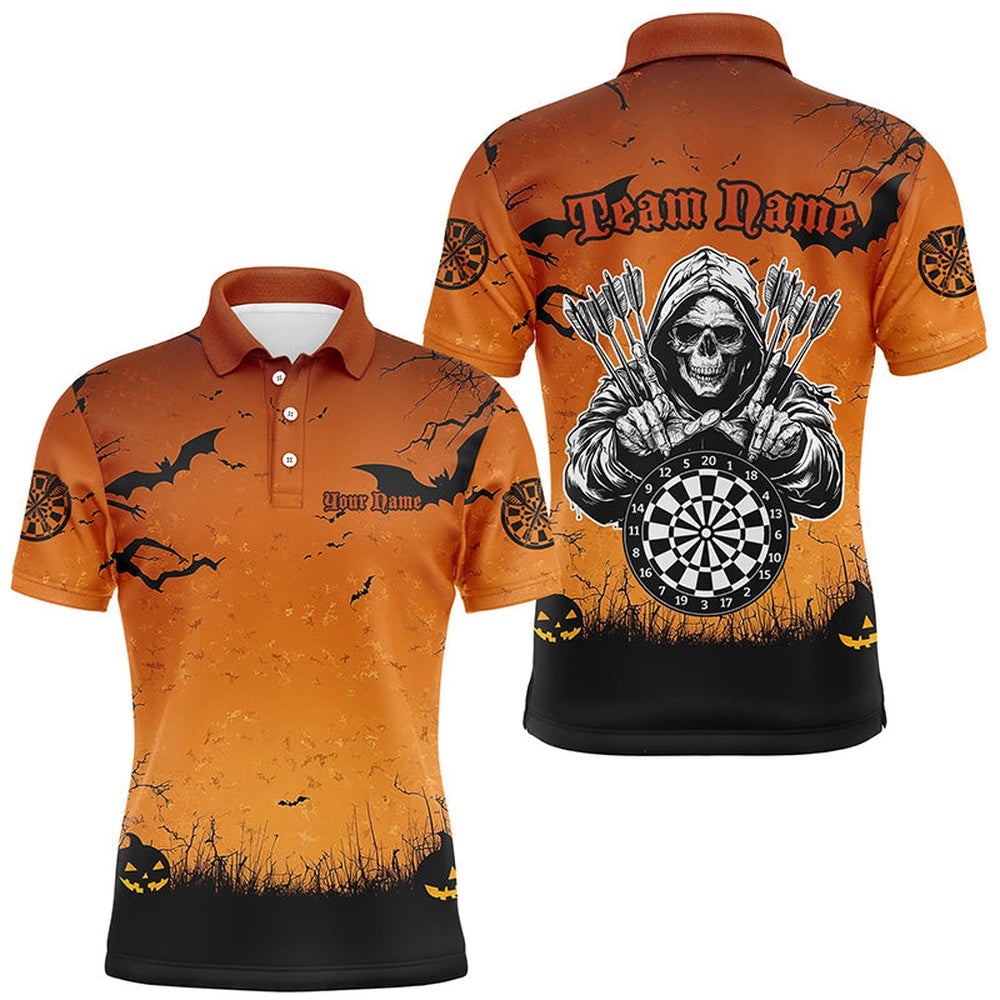 Orange Halloween Spook Night Custom Men Dart Shirts, Scary Death Skeleton Halloween Darts Gift, Darts Team Polo Shirt