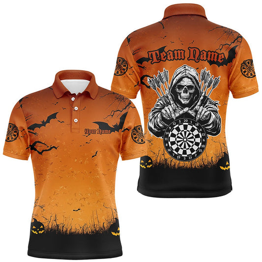 Orange Halloween Spook Night Custom Men Dart Shirts, Scary Death Skeleton Halloween Darts Gift, Darts Team Polo Shirt