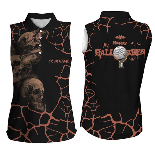 Orange Happy Halloween Sleeveless Skull Golf Polo Shirts Spooky Halloween Golf Gift Idea, Women Golf Shirts