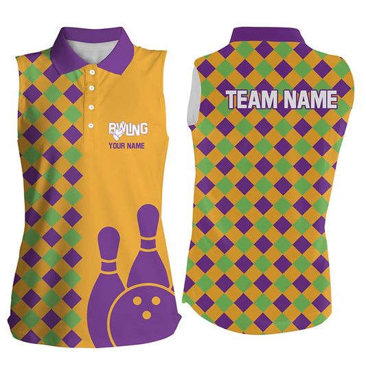 Orange Purple Argyle Pattern Halloween Custom Bowling Sleeveless Polo Shirts, Bowling Team Polo, Women Bowling Shirts