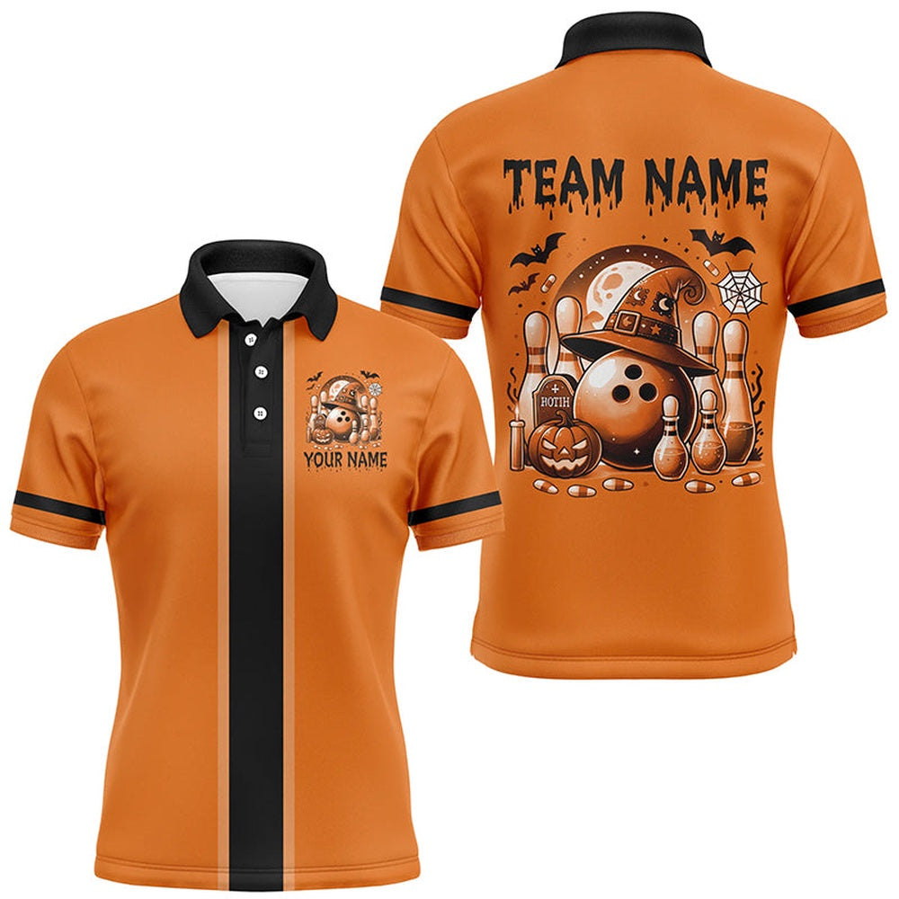 Orange Retro Bowling Polo, Polo Shirt For Men Custom Funny Halloween Bowling Team Polo, Bowling Team Shirts