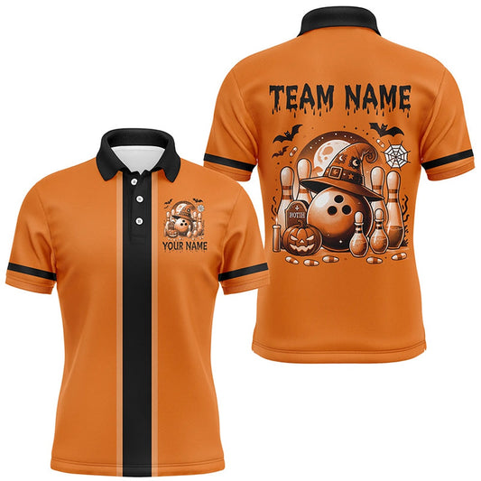 Orange Retro Bowling Polo, Polo Shirt For Men Custom Funny Halloween Bowling Team Polo, Bowling Team Shirts