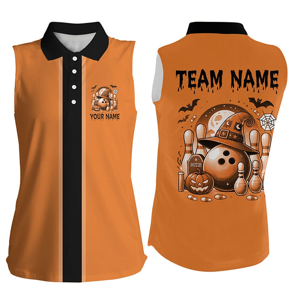 Orange Retro Bowling Sleeveless Polo Shirt For Women Custom Funny Halloween Bowling Team Polo, Women Bowling Shirts