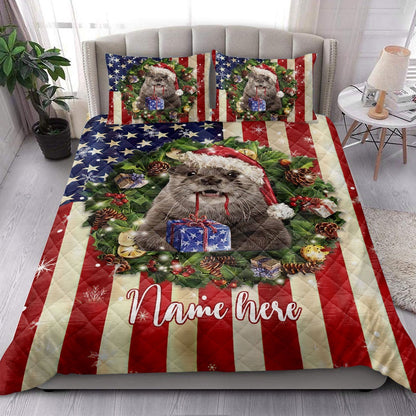 Otter Wearingmas Hat Wreath Bedding Set, Christmas Beddings, Xmas Bedding Sets