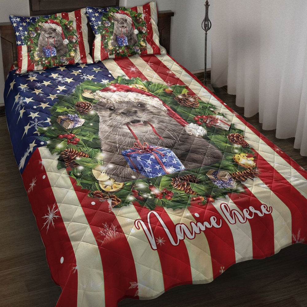 Otter Wearingmas Hat Wreath Bedding Set, Christmas Beddings, Xmas Bedding Sets