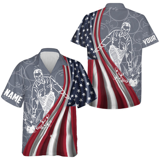 Patriotic Hawaiian Bowling Shirt For Men Women, American Flag, Custom Name Bowler, Bowling Team Hawaiian