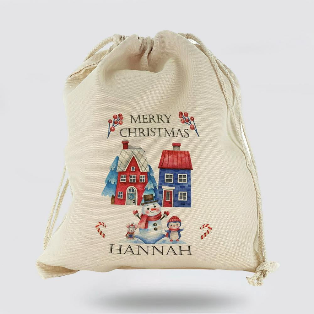 Personalised Christmas Sack, Canvas Sack With Block Text And Christmas Characters And Houses, Christmas Bag