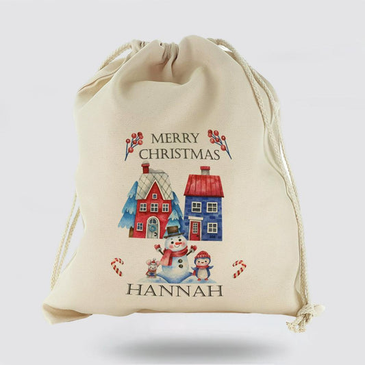 Personalised Christmas Sack, Canvas Sack With Block Text And Christmas Characters And Houses, Christmas Bag