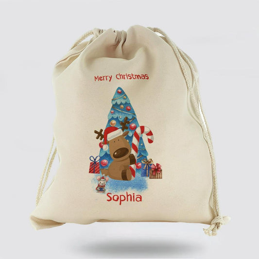 Personalised Christmas Sack, Canvas Sack With Brush Stroke Text And Blue Christmas Tree Reindeer And Mouse, Christmas Bag