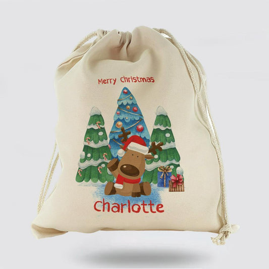 Personalised Christmas Sack, Canvas Sack With Brush Stroke Text And Christmas Trees Reindeer, Christmas Bag