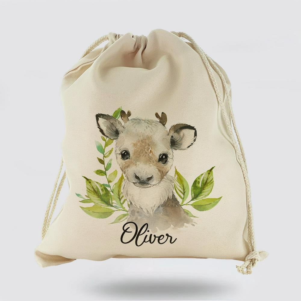 Personalised Christmas Sack, Canvas Sack With Christmas Reindeer Deer Green Leaves And Cute Text, Christmas Bag