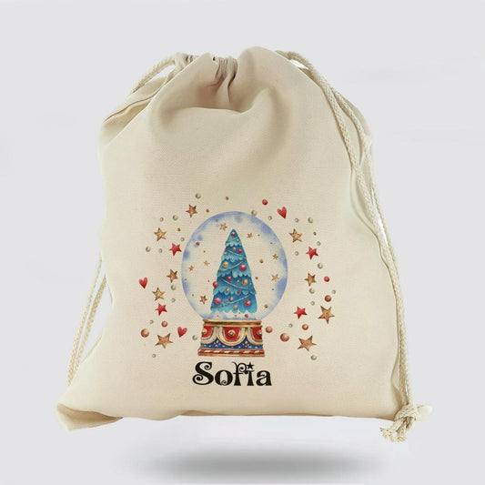 Personalised Christmas Sack, Canvas Sack With Christmas Text And Blue Xmas Tree Snow Globe, Christmas Bag