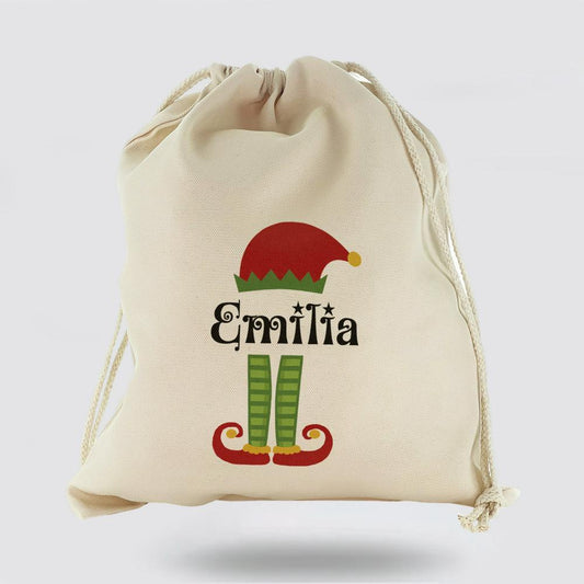 Personalised Christmas Sack, Canvas Sack With Christmas Text And Elf Outfit, Christmas Bag