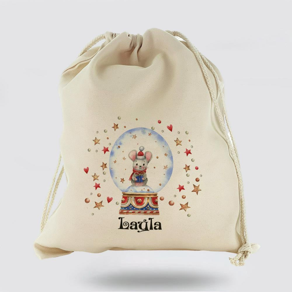 Personalised Christmas Sack, Canvas Sack With Christmas Text And Mouse Hearts Snow Globe, Christmas Bag