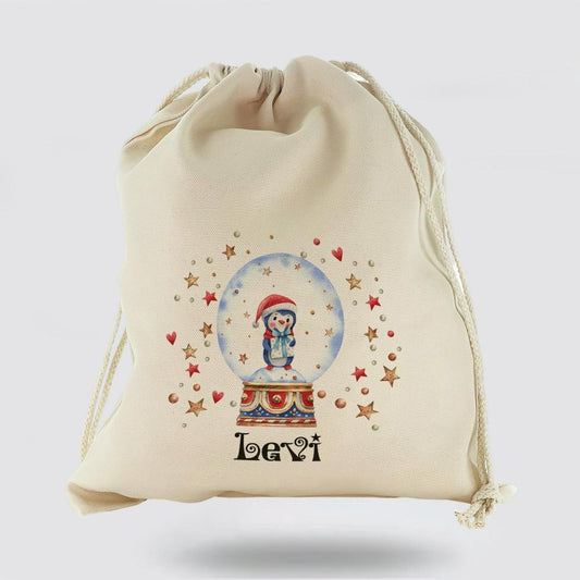 Personalised Christmas Sack, Canvas Sack With Christmas Text And Penguin Hearts Snow Globe, Christmas Bag