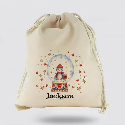 Personalised Christmas Sack, Canvas Sack With Christmas Text And Penguin Snow Globe, Christmas Bag
