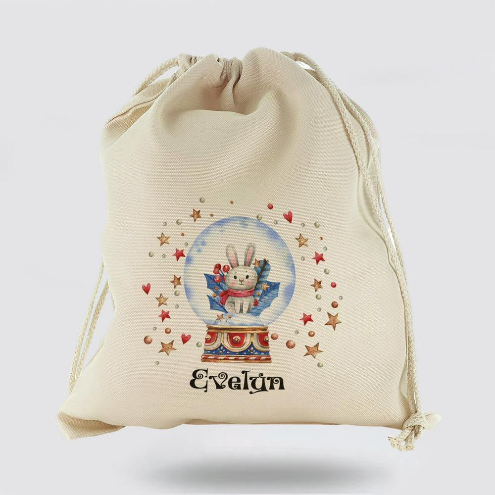 Personalised Christmas Sack, Canvas Sack With Christmas Text And Rabbit Snow Globe, Christmas Bag