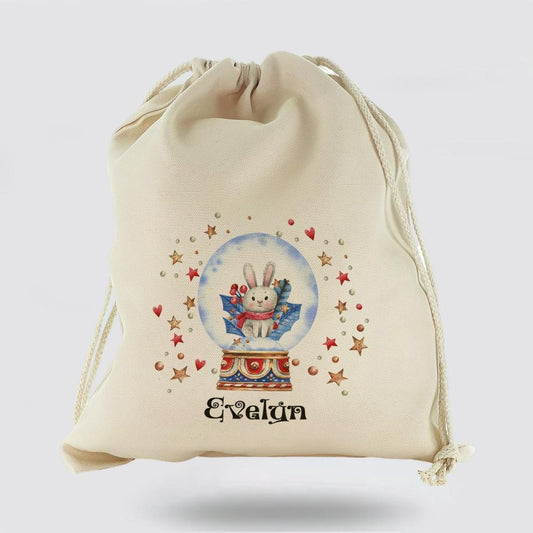 Personalised Christmas Sack, Canvas Sack With Christmas Text And Rabbit Snow Globe, Christmas Bag