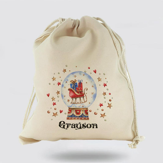 Personalised Christmas Sack, Canvas Sack With Christmas Text And Santa Sleigh Snow Globe, Christmas Bag