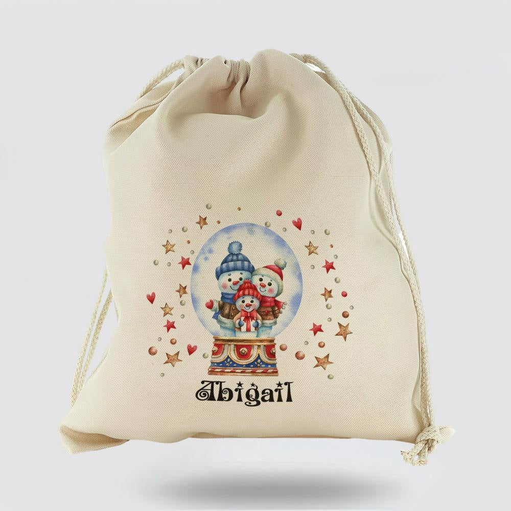 Personalised Christmas Sack, Canvas Sack With Christmas Text And Snowman Family Snow Globe, Christmas Bag