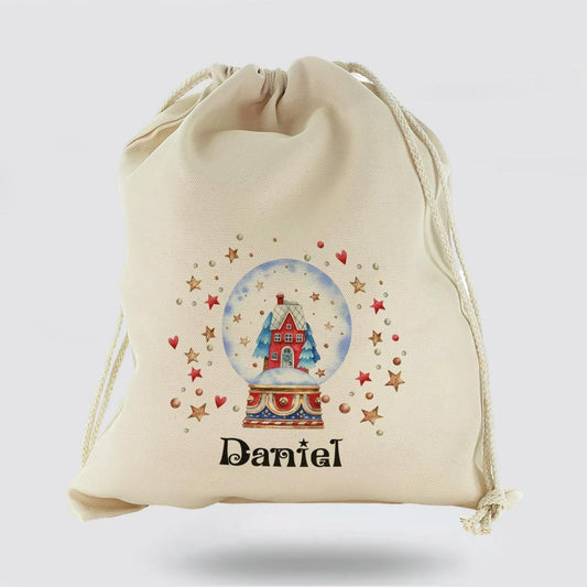 Personalised Christmas Sack, Canvas Sack With Christmas Text And Snowy Christmas House Snow Globe, Christmas Bag