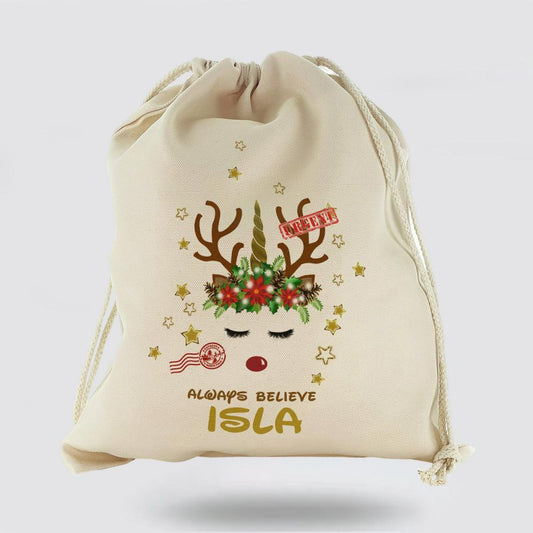 Personalised Christmas Sack, Canvas Sack With Cute Gold Text And Decorated Reindeer Unicorn, Christmas Bag