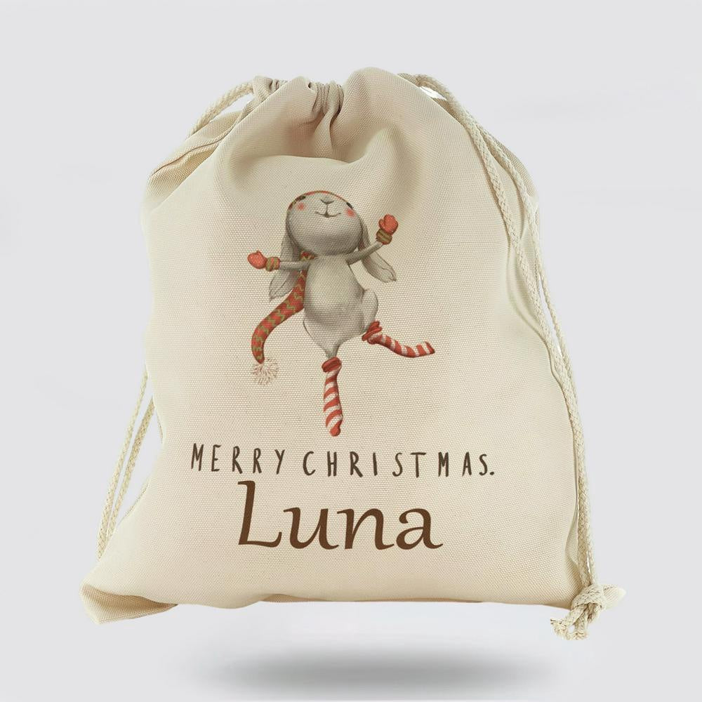 Personalised Christmas Sack, Canvas Sack With Cute Text And Dancing Grey Rabbit, Christmas Bag