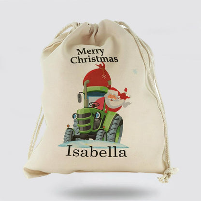 Personalised Christmas Sack, Canvas Sack With Merry Christmas Name And Santa Green Tractor, Christmas Bag