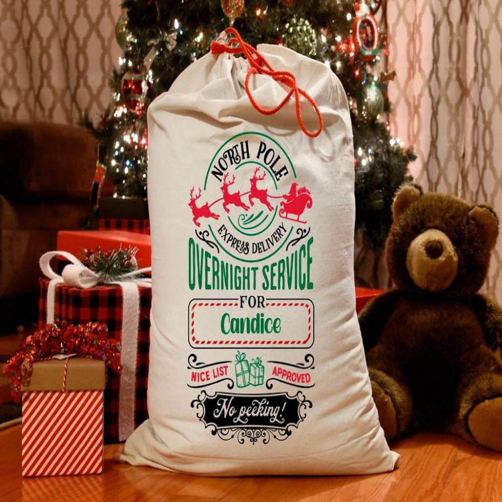 Personalised Christmas Sack, North Pole Overnight Service Santa Sack, Christmas Bag
