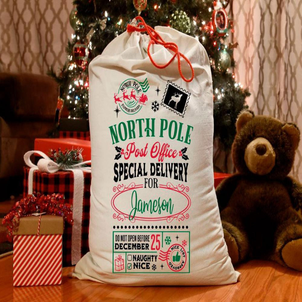 Personalised Christmas Sack, North Pole Post Office Santa Sack, Christmas Bag
