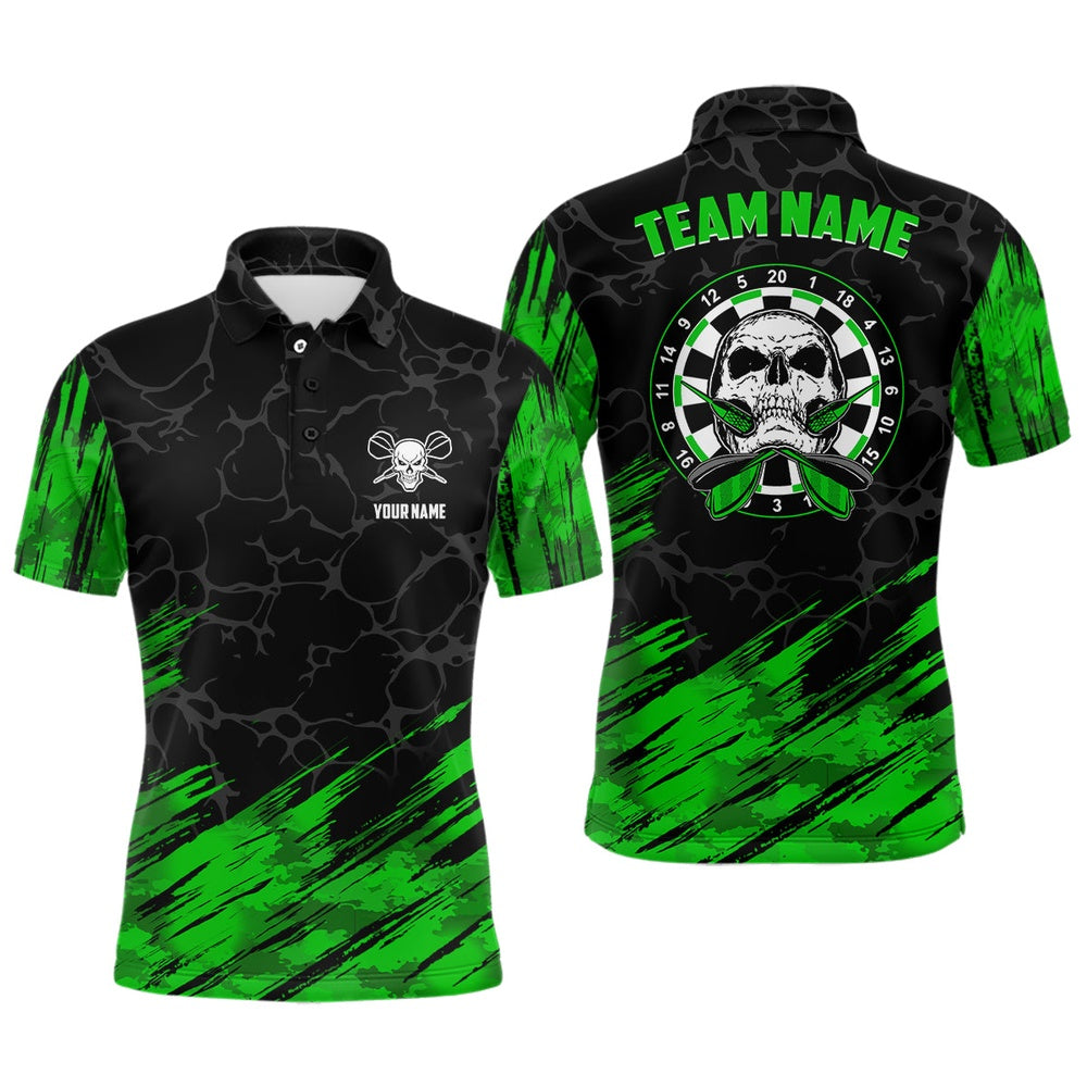Personalized 3D All Over Print Men Skull Darts Polo Shirt Green Black Dart Polo For Men, Darts Team Polo Shirt