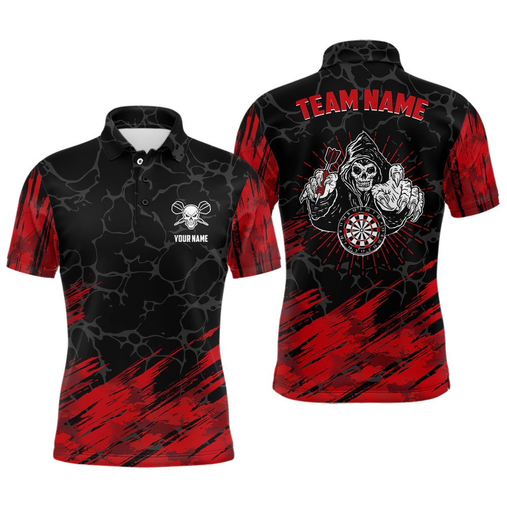 Personalized 3D All Over Print Mens Skull Darts Polo Shirt Red Black Dart Polo For Men, Darts Team Polo Shirt