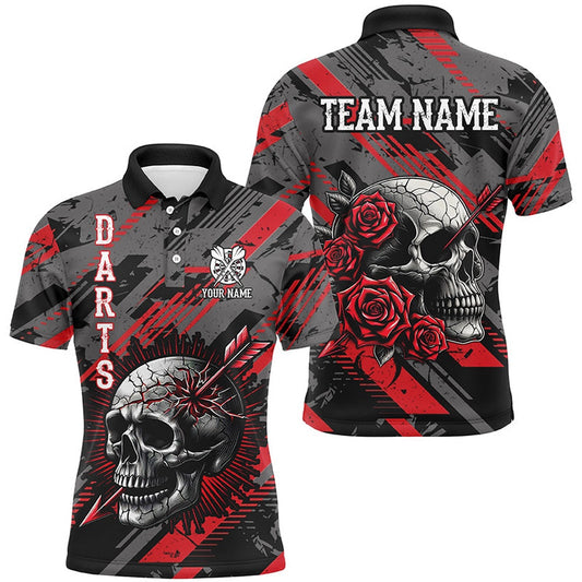 Personalized 3D All Over Print Skull And Roses Custom Darts Shirts For Men Darts Polo Red, Darts Team Polo Shirt