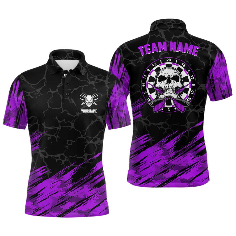 Personalized 3D All Over Print Skull Darts Polo Shirt Purple Black Dart Polo For Men, Darts Team Polo Shirt