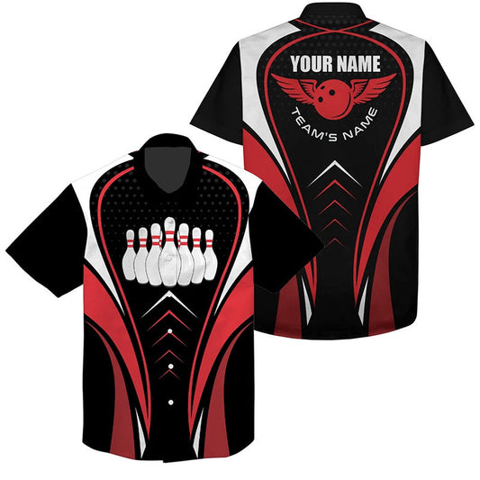 Personalized 3D Bowling Hawaiian Shirts, Custom Redwhiteand Black Bowling Ball Team Button Up Shirts, Bowling Team Hawaiian